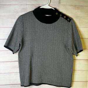 Michael Kors Black White Herringbone Mock Neck Gold Logo Button Sweater Top LG